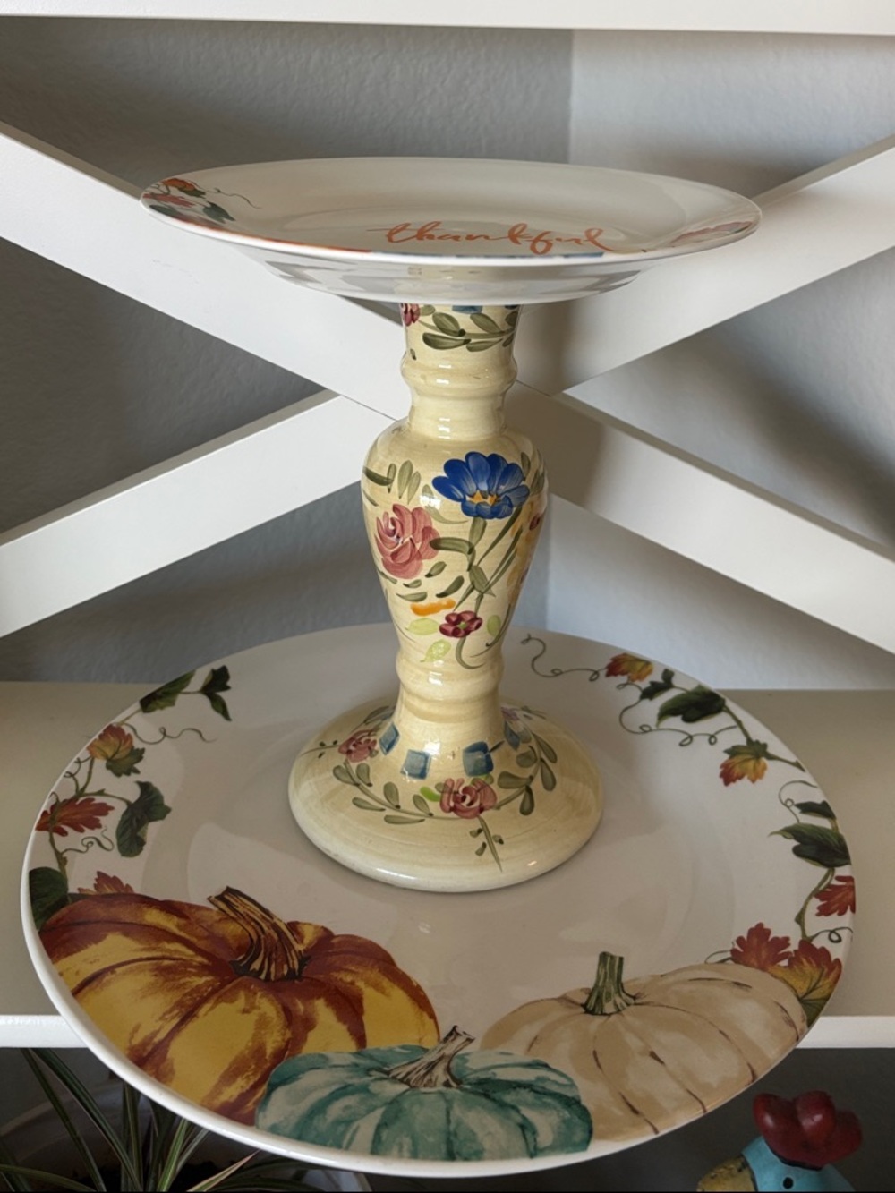 Tiered serving tray with “Thankful” thanksgiving/Fall/Autumn motif. Upcycled